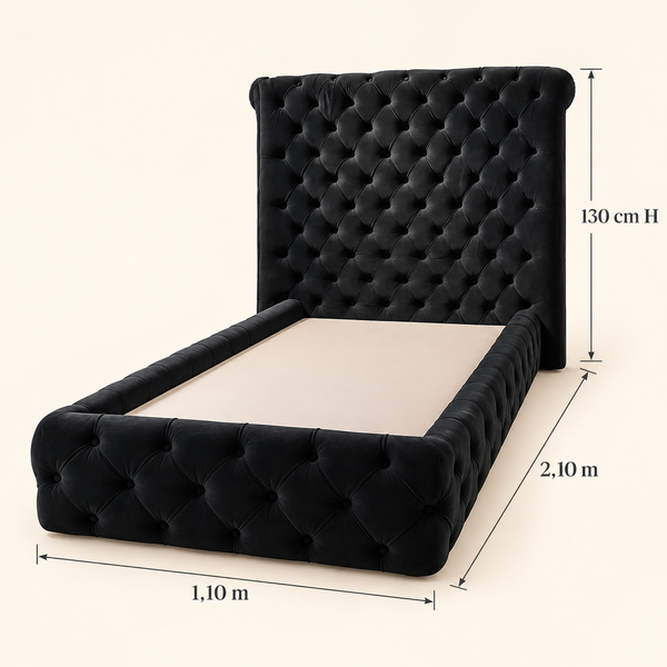 Lit Capitonné en Velours Noir avec Haute Tête de Lit et Cadre Enveloppant, Style Chesterfield