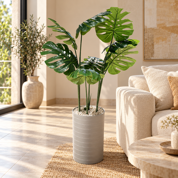 Monstera Deliciosa Artificiel avec Haut Pot Cylindrique Gris Taupe à Fines Rainures