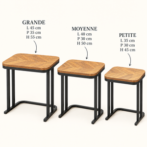 Set de 3 tables gigognes – Plateaux effet bois à chevrons et structure en métal noir