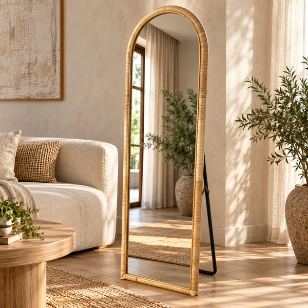 Miroir sur pied « Arche » en rotin – Forme arrondie, cadre naturel