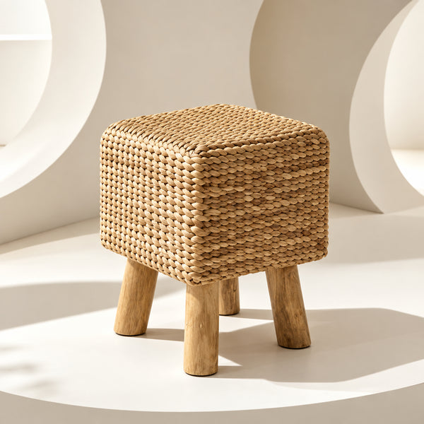 Pouf Tabouret Carré en Jonc Tressé et Pieds en Bois