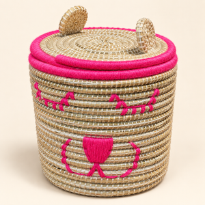 Set de 2 paniers de rangement ourson avec couvercle, fibres naturelles et fil rose vif, pour chambre d'enfant