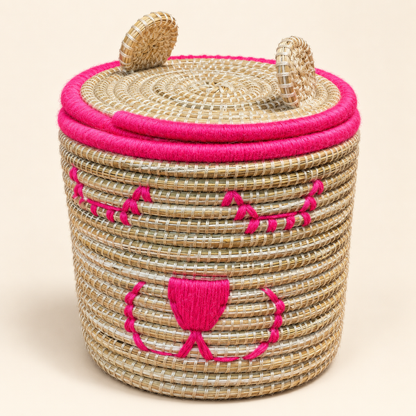 Set de 2 paniers de rangement ourson avec couvercle, fibres naturelles et fil rose vif, pour chambre d'enfant