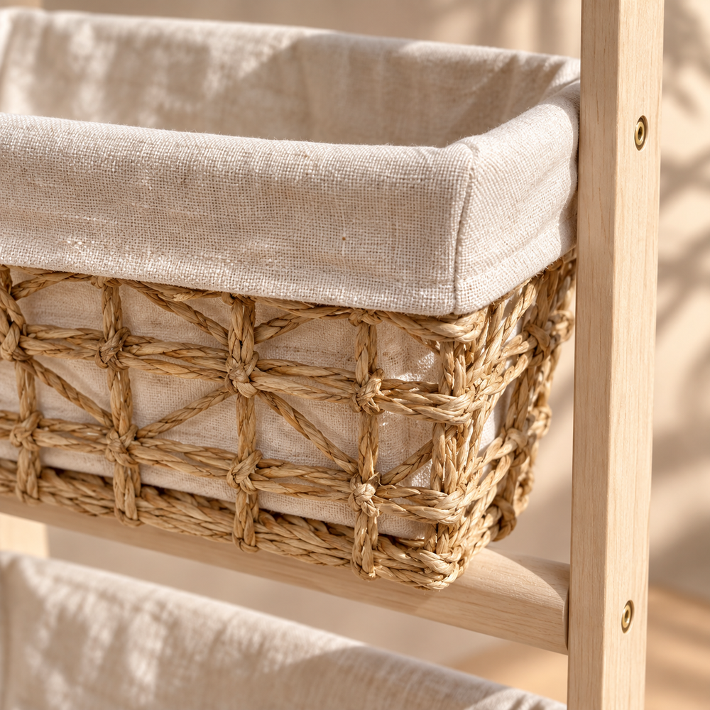Étagère de rangement à 3 paniers – Structure en bois clair et paniers tressés avec doublure en tissu beige