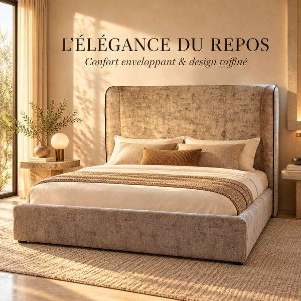 Lit Plateforme à Tête de Lit Oreilles en Velours Vieilli Taupe, Liseré Noir