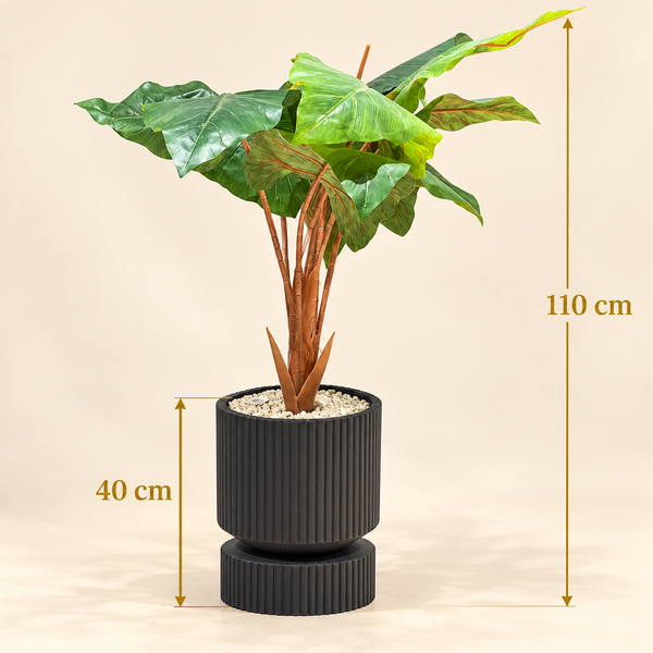 Plante Artificielle Alocasia à Grandes Feuilles avec Pot Noir Strié sur Pied