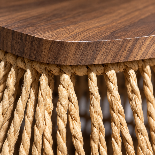Table d'appoint « Raphia » en corde tressée – Plateau triangulaire en bois effet noyer