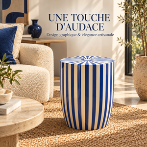 Tabouret Table d'Appoint Rond à Rayures Bleu Roi et Ivoire, Finition Laquée