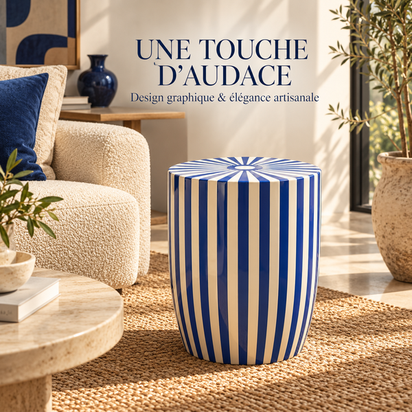 Tabouret Table d'Appoint Rond à Rayures Bleu Roi et Ivoire, Finition Laquée