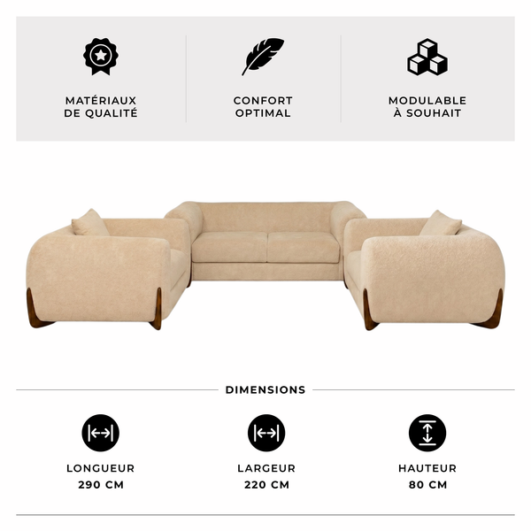 Canapé d’Angle Design Salon Panda – Tissu Bouclette Blanc – Confort Moderne & Luxe