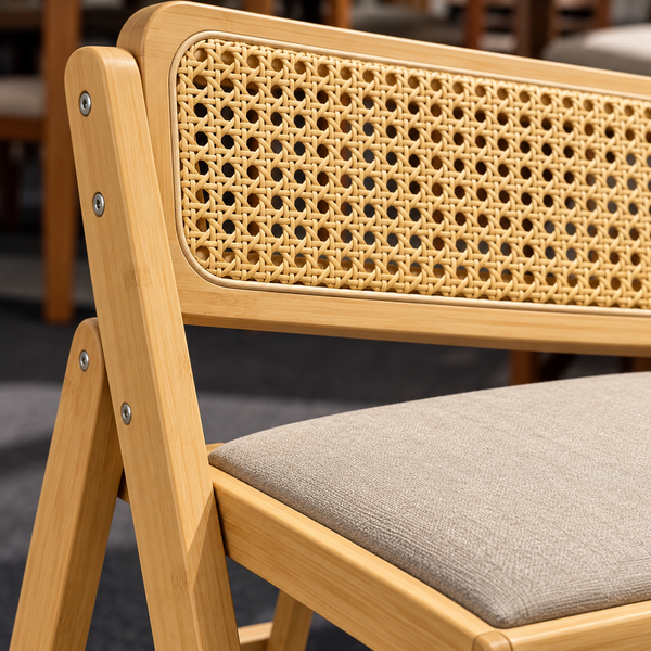 Chaise pliante « Canna » en bois clair et cannage – Assise rembourrée beige