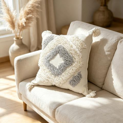 Coussin écru à losanges concentriques gris clair – 45 × 45 cm