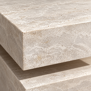 Table de chevet « Cube » en pierre effet travertin – Design géométrique à blocs décalés