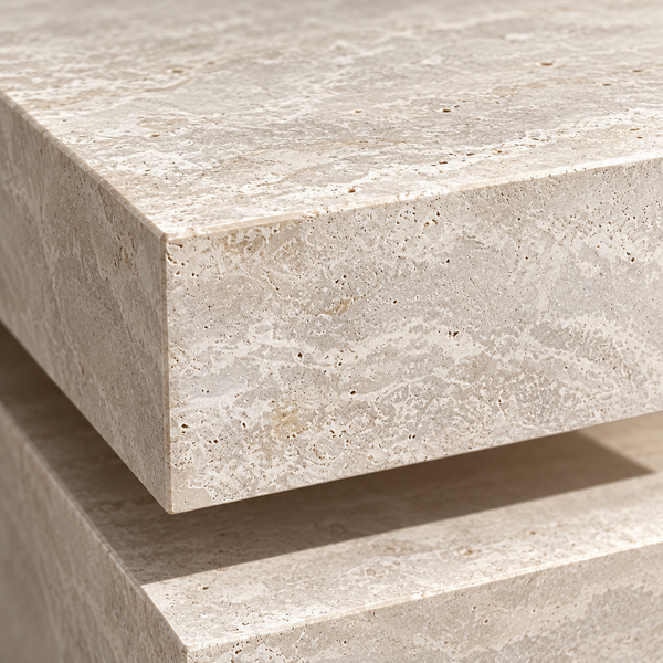 Table de chevet « Cube » en pierre effet travertin – Design géométrique à blocs décalés