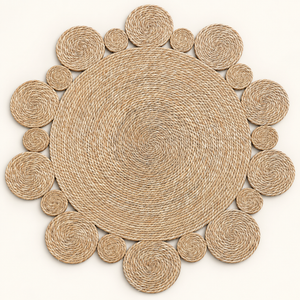 Tapis rond en fibres naturelles tressées, style bohème à médaillons