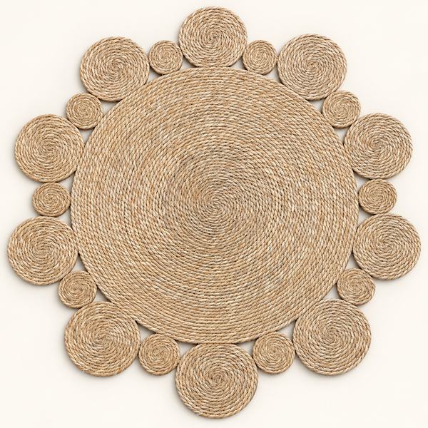 Tapis rond en fibres naturelles tressées, style bohème à médaillons