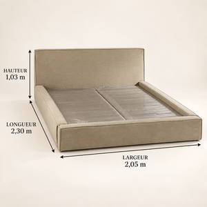 Lit Plateforme Taupe en Velours Ras, Tête de Lit Droite avec Passepoil