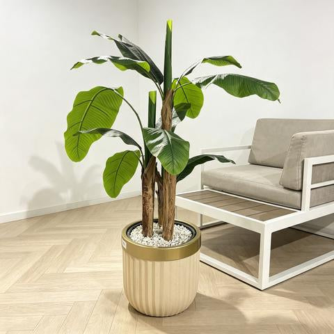 Artificial Tropical Plant in Fluted Beige and Gold Planter