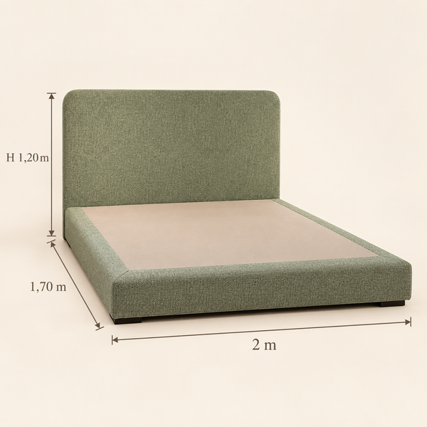 Lit Plateforme Vert Sauge en Tissu Bouclé, Tête de Lit Haute aux Angles Arrondis