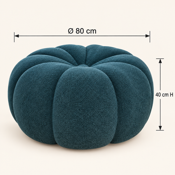 Pouf Citrouille Bleu Canard en Tissu Bouclé, Forme Arrondie à Quartiers