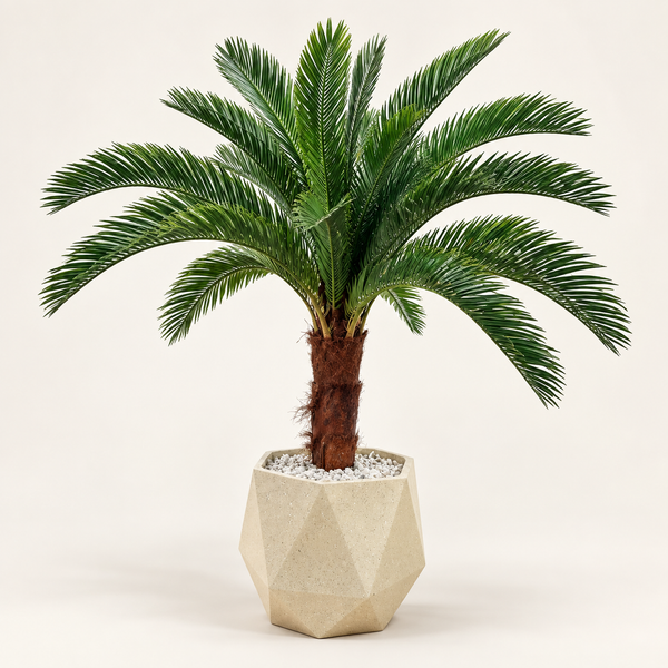 Cycas artificiel (palmier sagou) en pot géométrique beige – Plante effet naturel