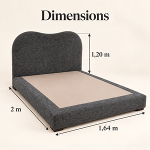 Lit tapissé à tête de lit ondulée – Tissu chiné gris anthracite et cadre bas rembourré5