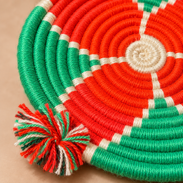 Panier de rangement rond tressé main – Fil vert, rouge et écru, pompons multicolores