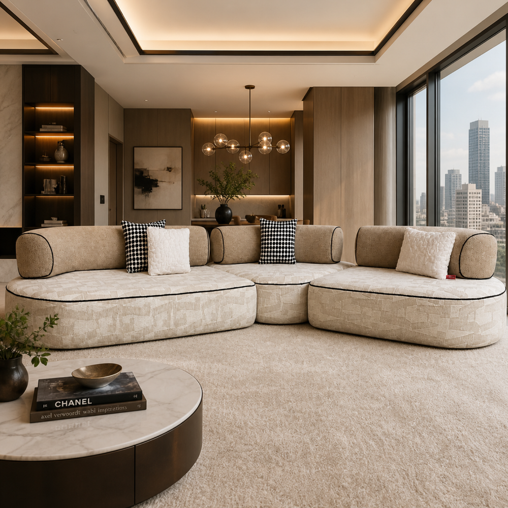 Canapé d'Angle de Luxe Salon Signature Line – Tissu Jacquard & Bois Massif