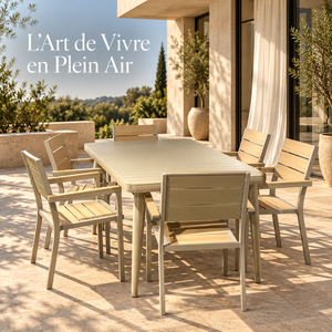 Salon de jardin 6 places – Table rectangulaire et 6 fauteuils en aluminium beige et lattes effet bois