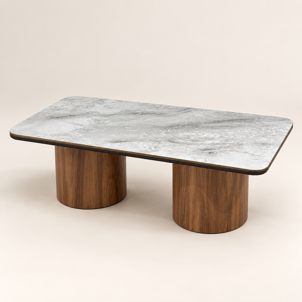Table basse rectangulaire à double piètement – Bases en noyer et plateau gris effet marbre