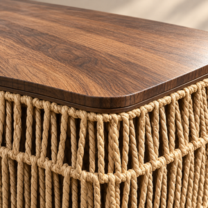 Grande table basse carrée « Raphia » en corde tressée – Plateau en bois effet noyer