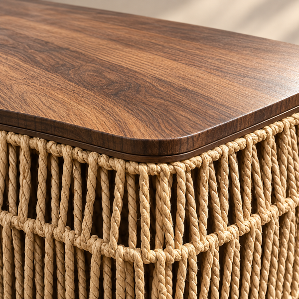 Grande table basse carrée « Raphia » en corde tressée – Plateau en bois effet noyer