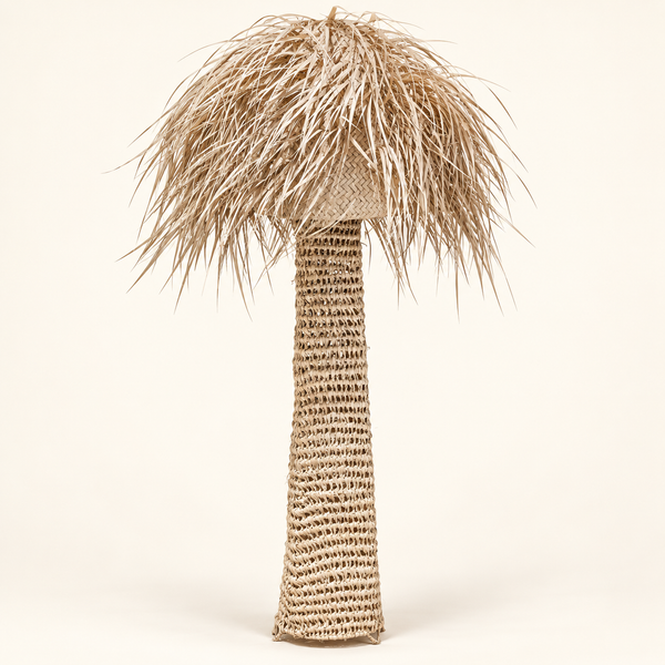 Lampadaire Palmier en Fibres Naturelles Tressées, Pied Ajouré et Abat-jour en Palmes Effilochées