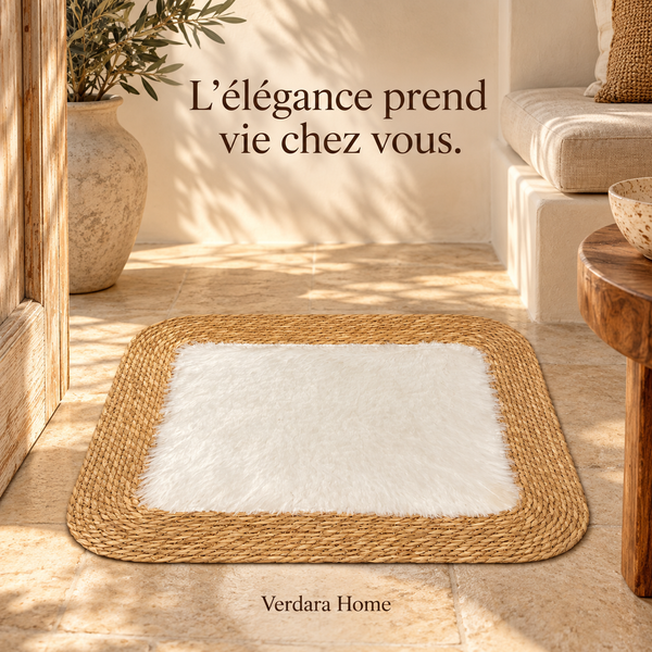 Tapis rectangulaire « Nuage » en fibre naturelle tressée et fourrure synthétique blanche – Bordure en jonc