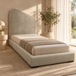 Lit Plateforme Beige Chiné en Tissu Bouclé, Tête de Lit Asymétrique Arrondie