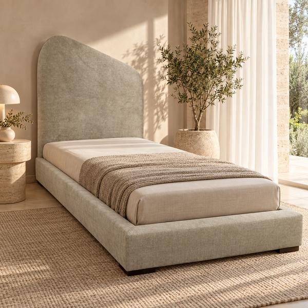 Lit Plateforme Beige Chiné en Tissu Bouclé, Tête de Lit Asymétrique Arrondie