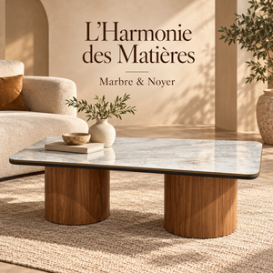 Table basse rectangulaire à double piètement – Bases en noyer et plateau gris effet marbre