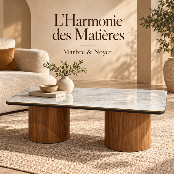 Table basse rectangulaire à double piètement – Bases en noyer et plateau gris effet marbre