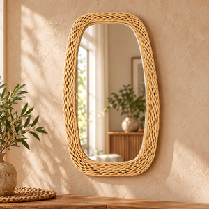 Miroir mural ovale en fibres naturelles tressées main – Cadre artisanal style bohème