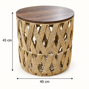Table d'appoint ronde « Tressée » – Plateau en bois foncé et base en corde de papier tressée