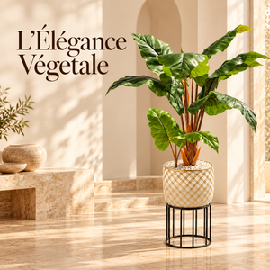 Plante Artificielle à Larges Feuilles avec Pot Céramique Doré et Support Métal Noir