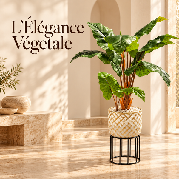 Plante Artificielle à Larges Feuilles avec Pot Céramique Doré et Support Métal Noir