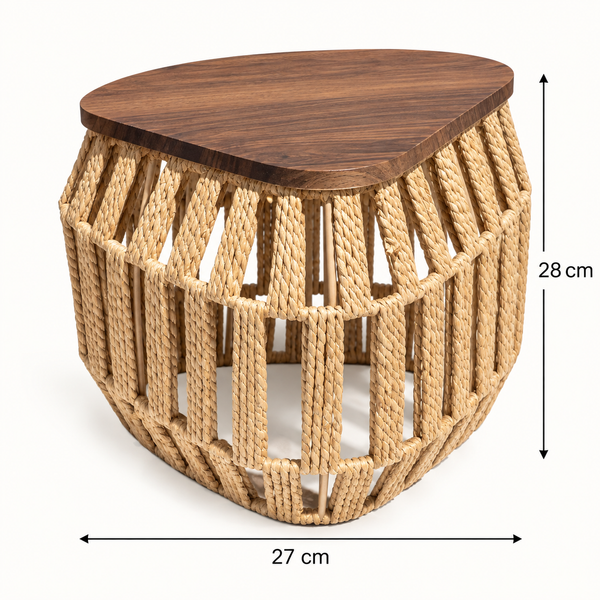 Table d'appoint « Raphia » en corde tressée – Plateau triangulaire en bois effet noyer