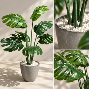 Monstera Deliciosa Artificiel avec Pot Gris Effet Pierre Évasé