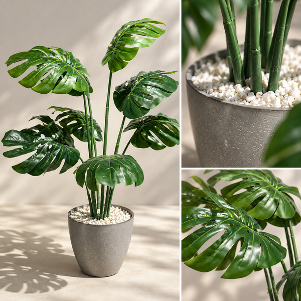 Monstera Deliciosa Artificiel avec Pot Gris Effet Pierre Évasé