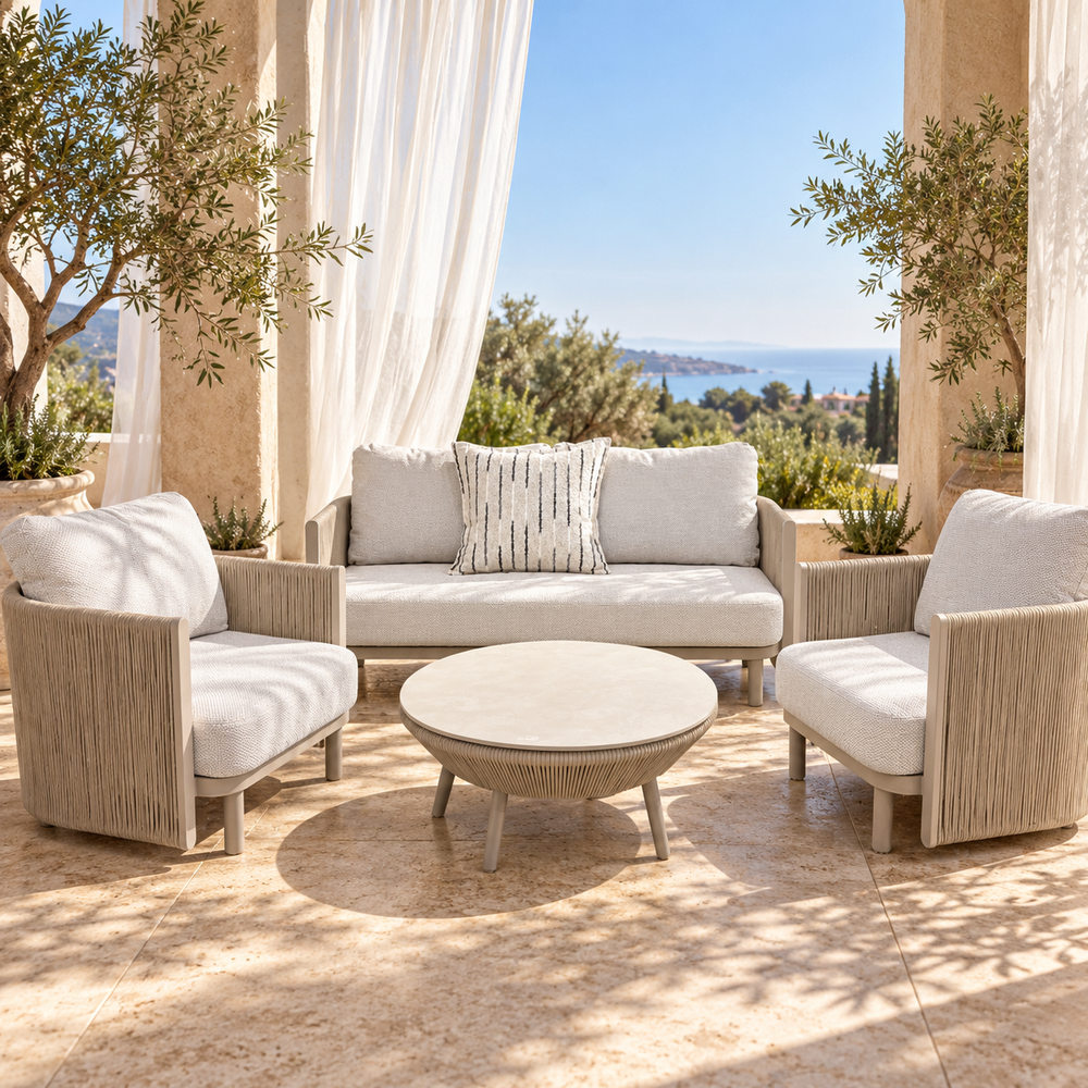 Salon de jardin 4 pièces – Canapé 2 places, 2 fauteuils et table basse ronde en corde tressée beige