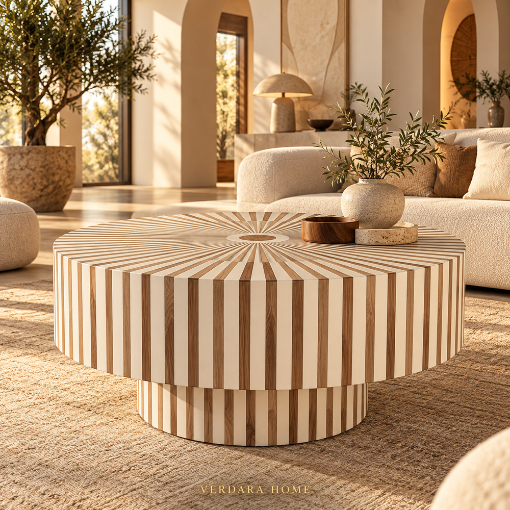 Table Basse Ronde à Rayures Rayonnantes en Bois et Résine Blanche