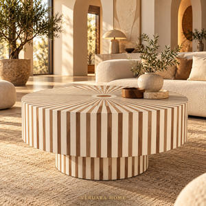 Table Basse Ronde à Rayures Rayonnantes en Bois et Résine Blanche