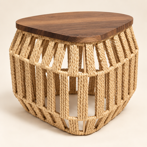 Table d'appoint « Raphia » en corde tressée – Plateau triangulaire en bois effet noyer