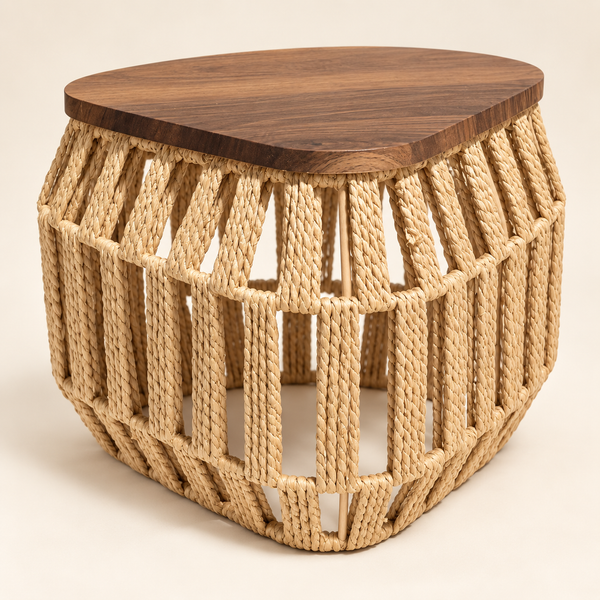 Table d'appoint « Raphia » en corde tressée – Plateau triangulaire en bois effet noyer